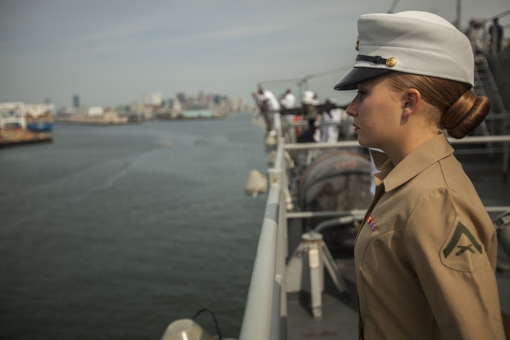 Marines and sailors with the USS Oak Hill arrive in Boston