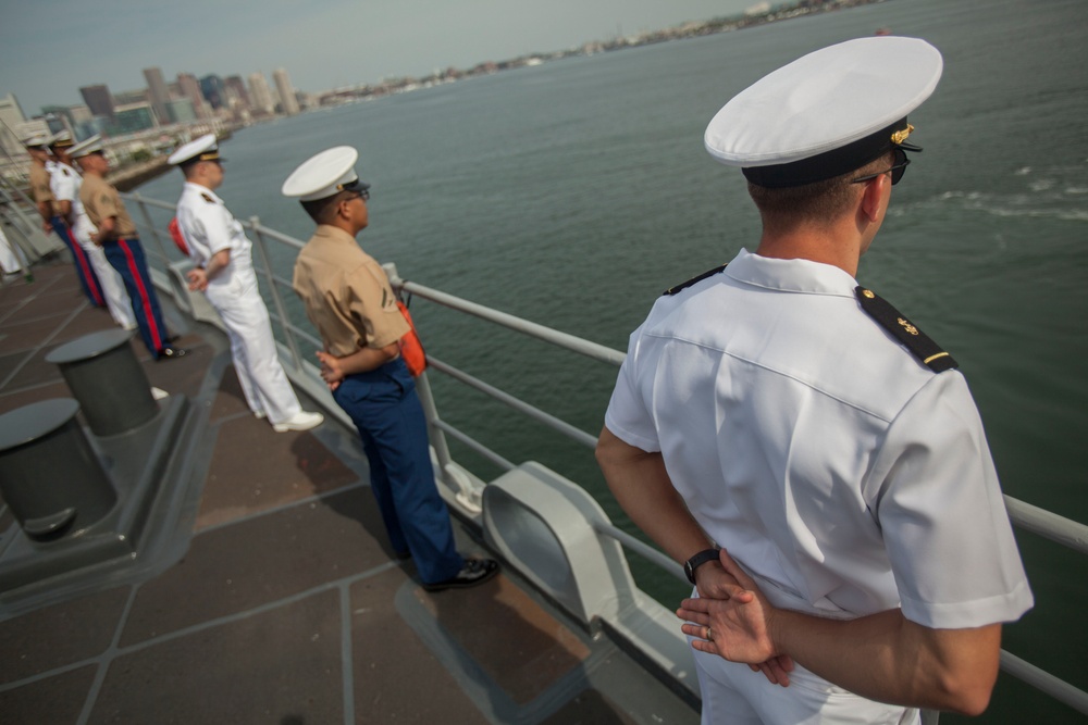 Marines and sailors with the USS Oak Hill arrive in Boston