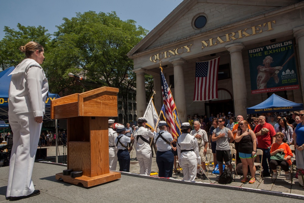 US Navy sailors sing national anthem at opening ceremony for the annual Boston Harborfest