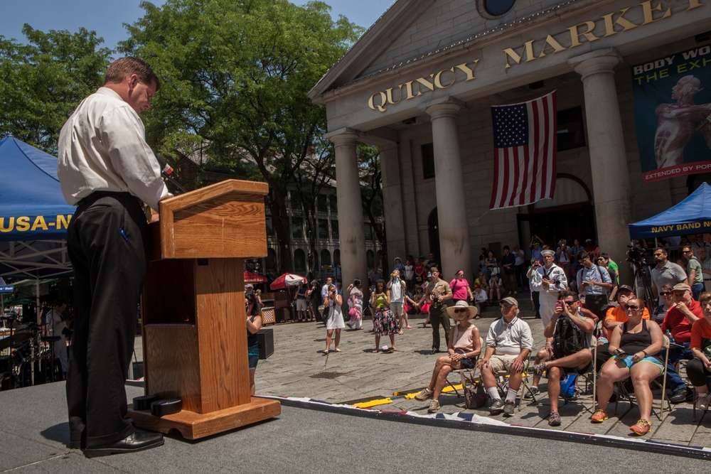 Mayor of Boston welcomes military during the opening ceremony at the annual Boston Harborfest