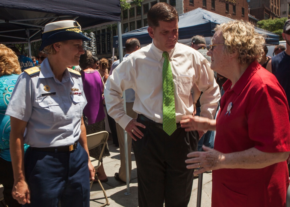 Mayor of Boston, Marty Walsh greets military and locals during opening ceremony for the annual Boston Harborfest