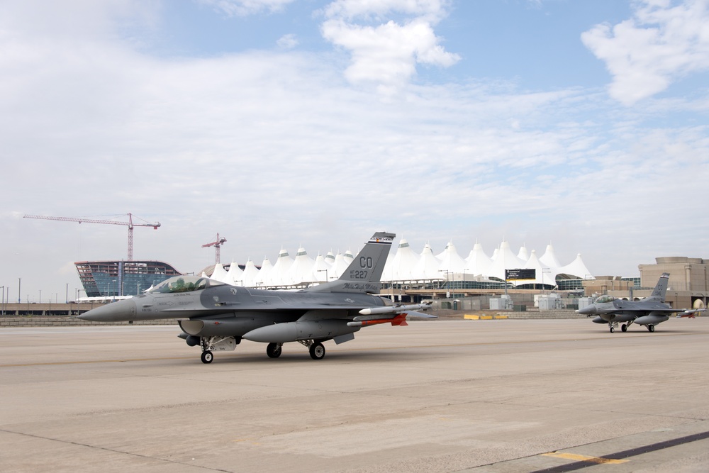 Colorado Air National Guard F-16s say goodbye as they depart Denver International Airport