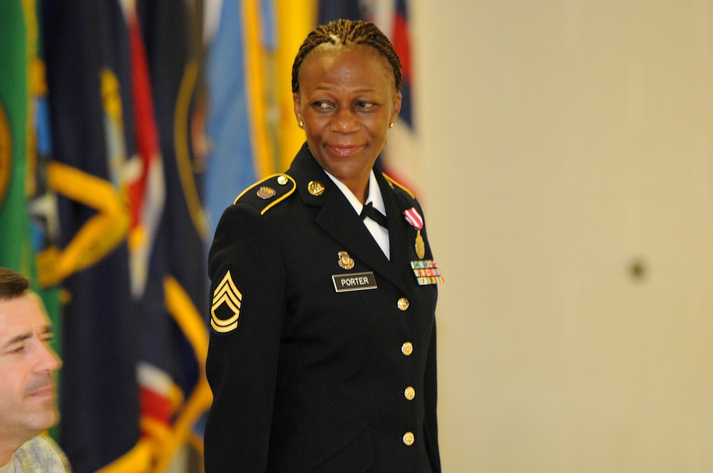Army Reserve Soldier prepares to give remarks during her retirement