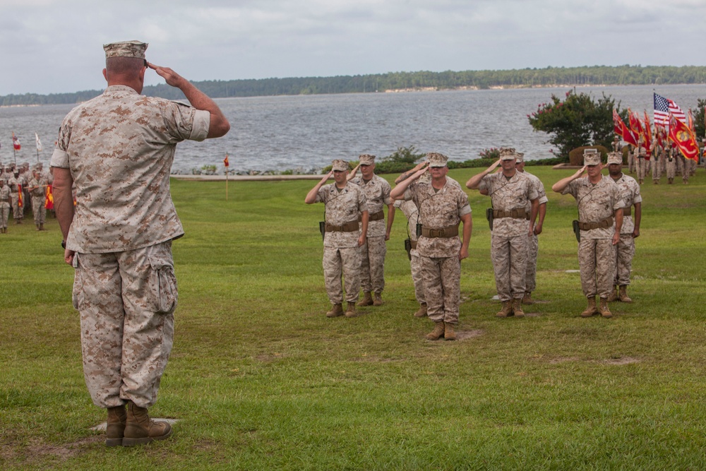 II Marine Expeditionary Force commanding general Major General Fox speaks at 2nd Marine Logistics Group change of command