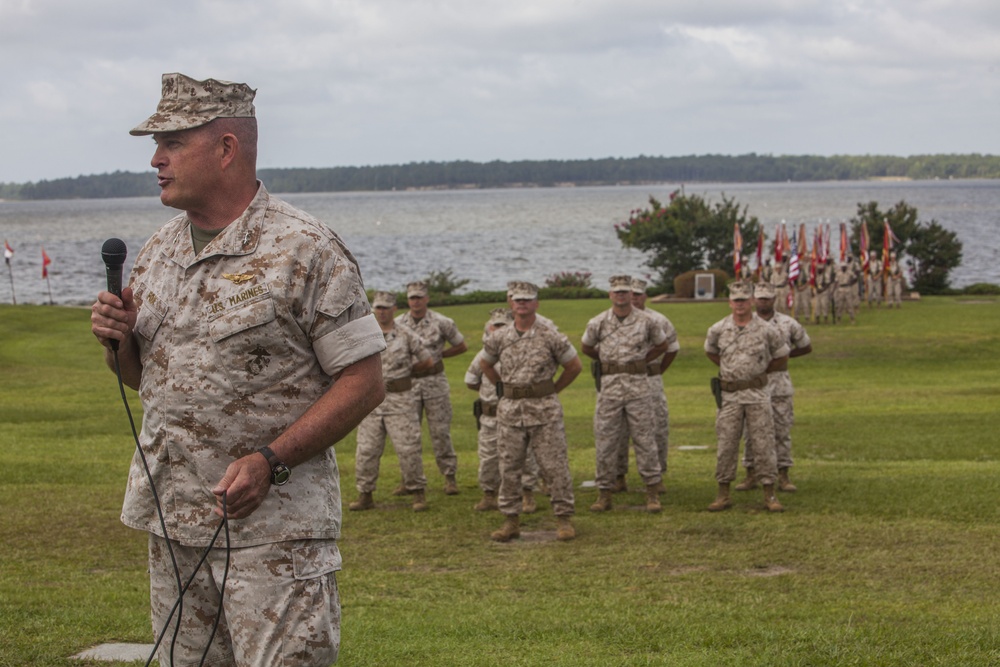 II Marine Expeditionary Force commanding general Major General Fox speaks at 2nd Marine Logistics Group change of command