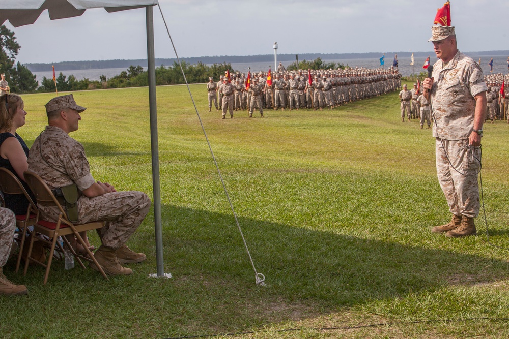 II Marine Expeditionary Force commanding general Major General Fox speaks at 2nd Marine Logistics Group change of command