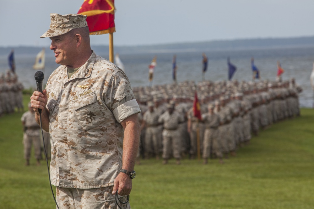 II Marine Expeditionary Force commanding general Major General Fox speaks at 2nd Marine Logistics Group change of command