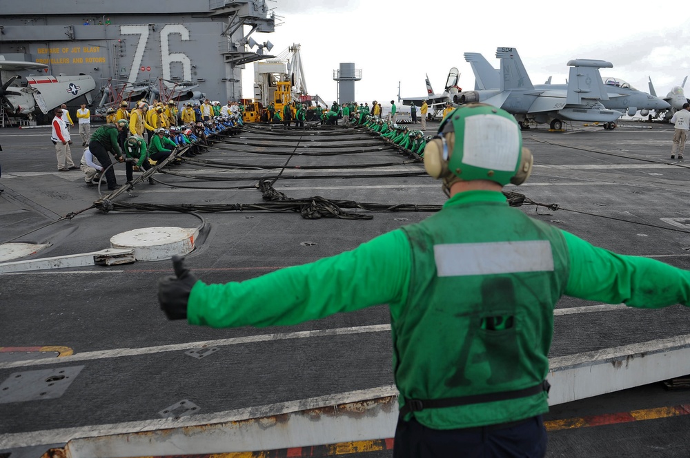 USS Reagan flight deck barricade drill