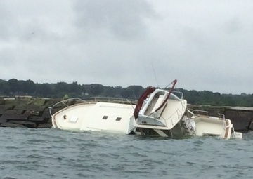38-foot pleasure craft on break wall in Lake Erie near Conneaut, Ohio