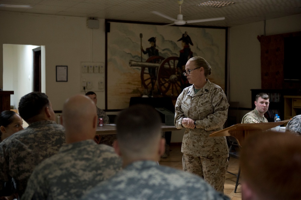 CJTF-HOA senior enlisted leader speaks to students during Corporals Leadership Course 526-14