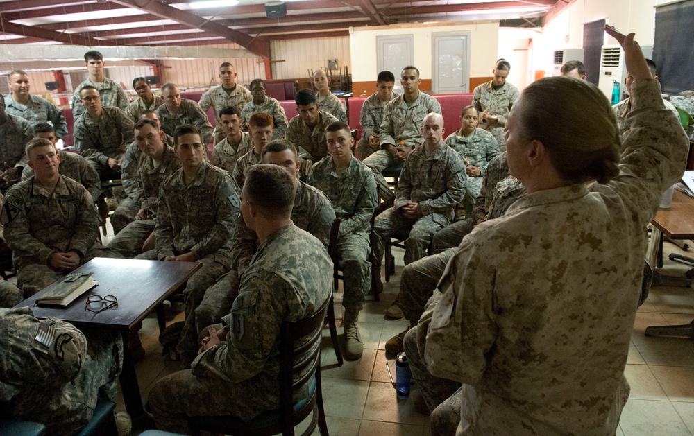 Combined Joint Task Force-Horn of Africa Command Senior enlisted leader, speaks to Marine Corps corporal’s course students