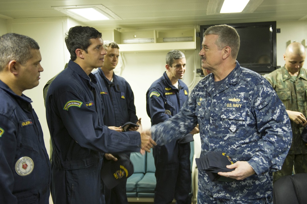 Brazilian naval officers and marines aboard USS America