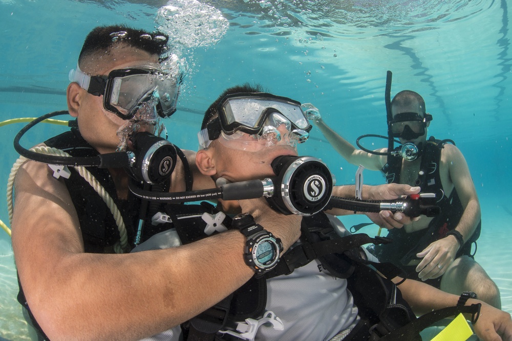 US Navy divers practice emergency dive procedures with Guatemalan divers as part of Southern Partnership Station '14