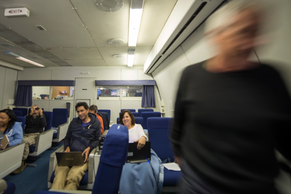 Hagel briefs reporters during flight to New Delhi