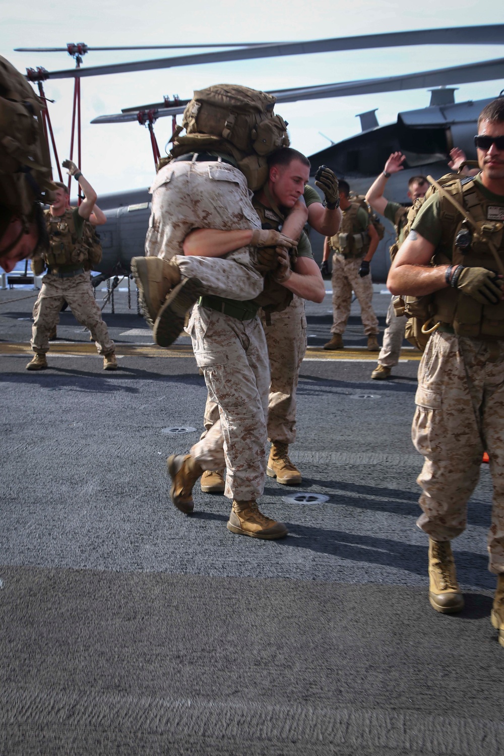 Golf Co. BLT 2/1 conducts PT on the flight deck of the USS Makin Island