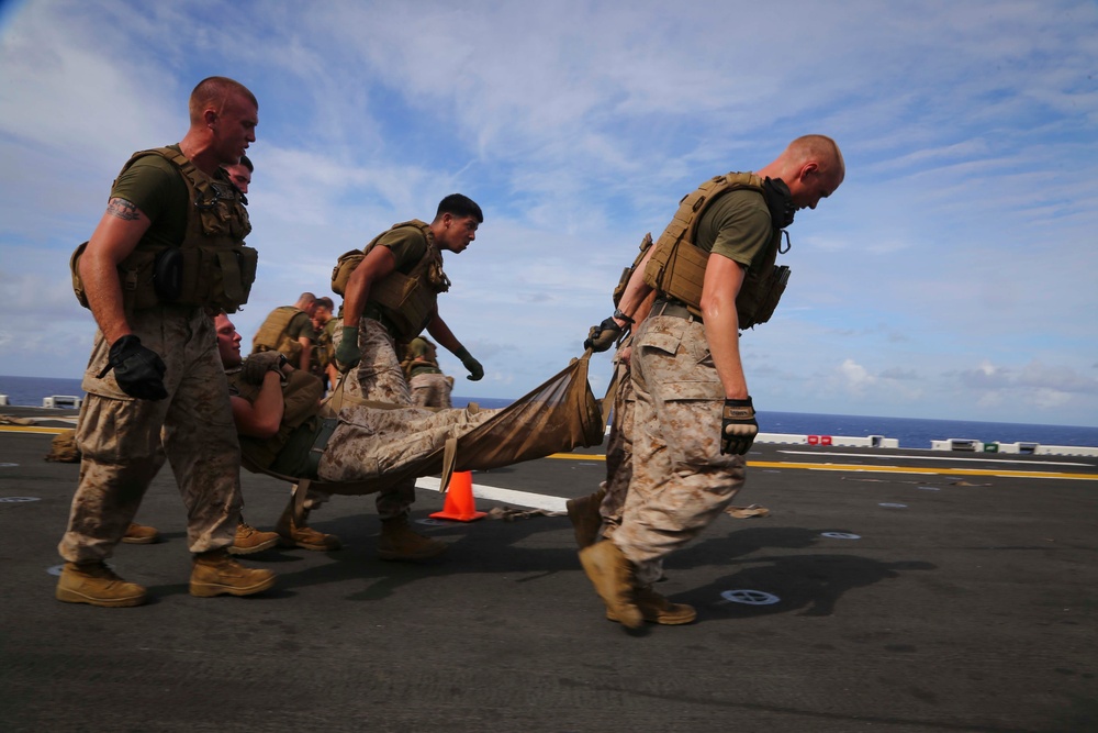 Golf Co. BLT 2/1 conducts PT on the flight deck of the USS Makin Island