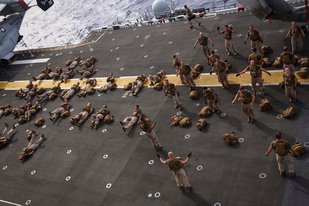 Golf Co. BLT 2/1 conducts PT on the flight deck of the USS Makin Island