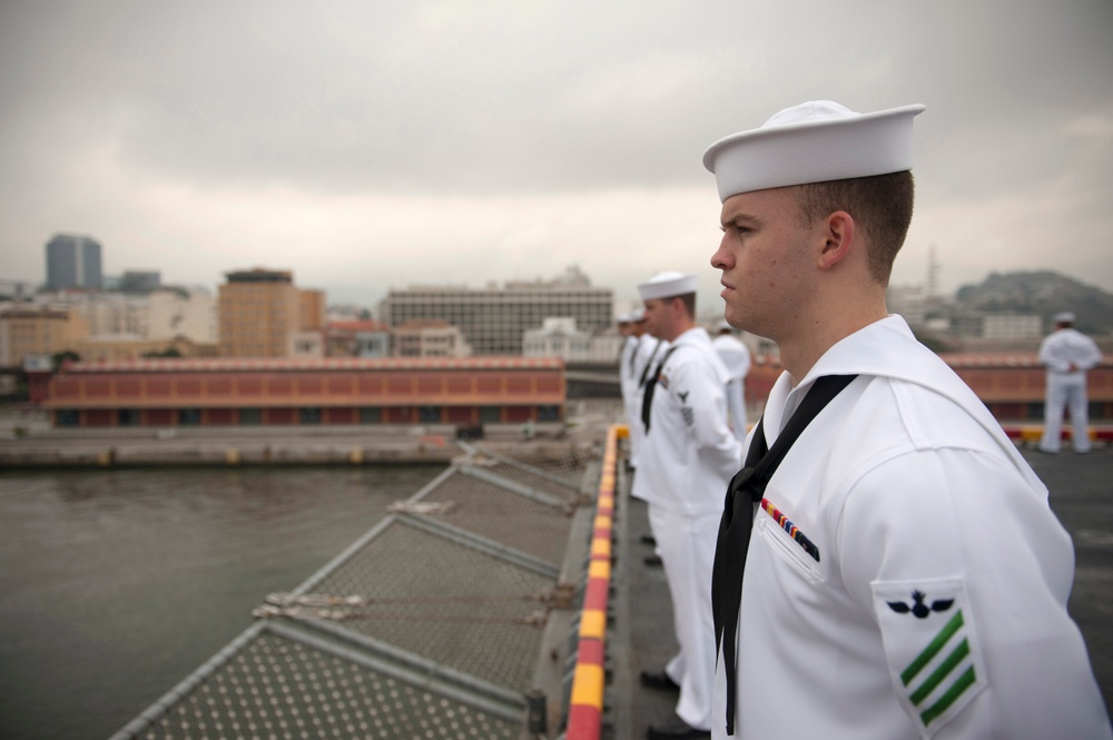 Manning the rails as USS America departs Rio De Janeiro