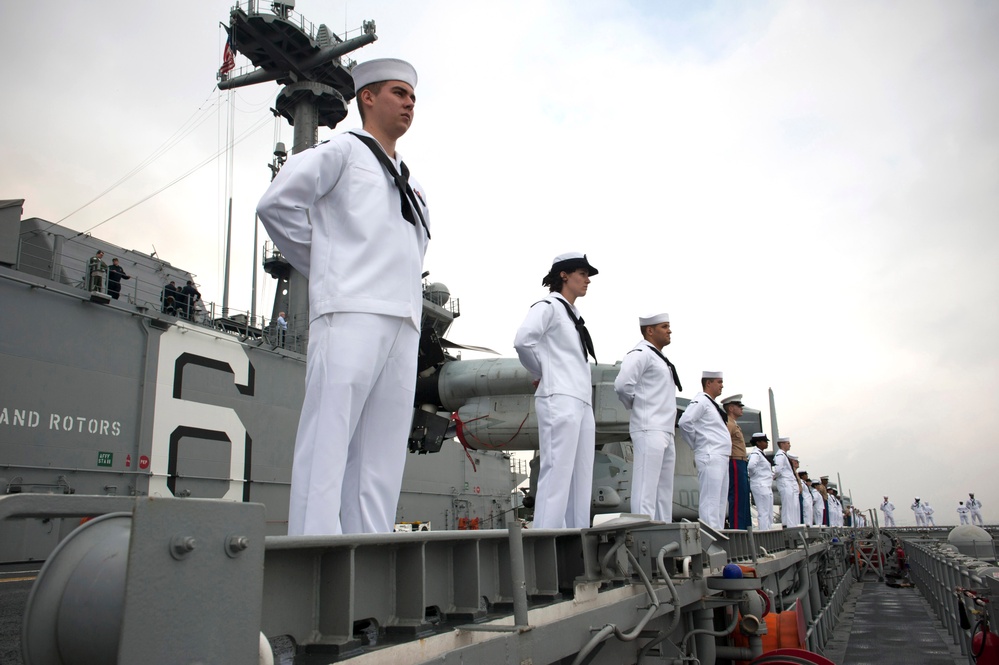 Manning the rails as USS America departs Rio De Janeiro