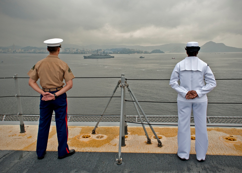 Manning the rails as USS America departs Rio De Janeiro