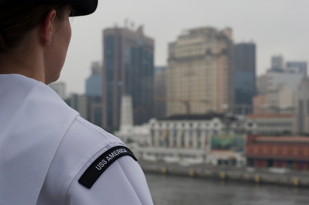 Manning the rails as USS America departs Rio De Janeiro