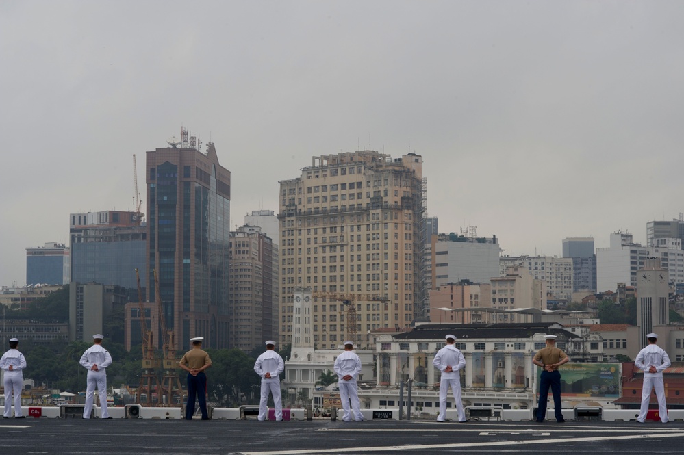 Manning the rails as USS America departs Rio De Janeiro