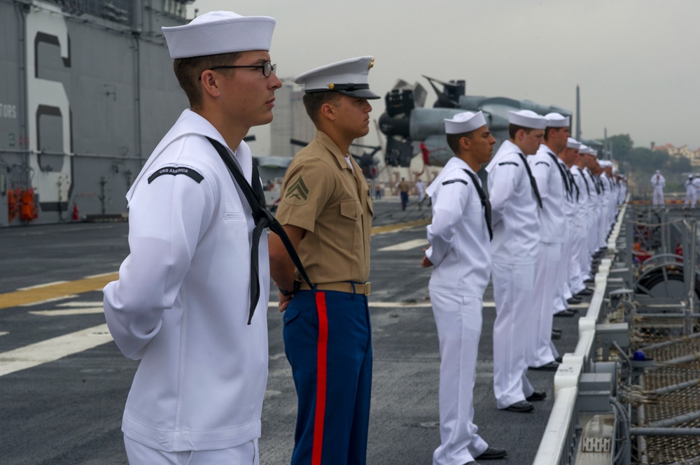 Manning the rails as USS America departs Rio De Janeiro