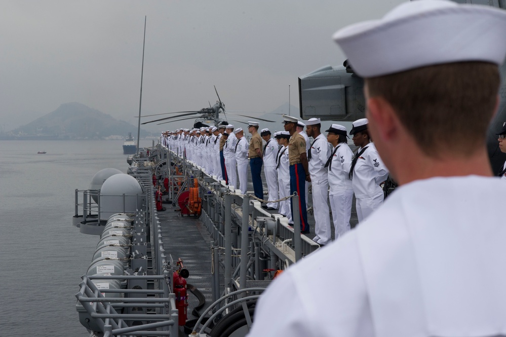 Manning the rails as USS America departs Rio De Janeiro