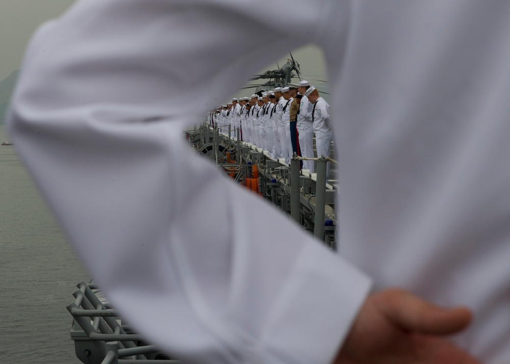 Manning the rails as USS America departs Rio De Janeiro