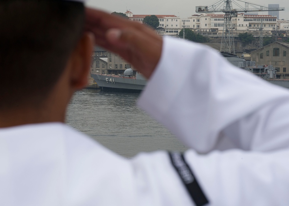 Manning the rails as USS America departs Rio De Janeiro