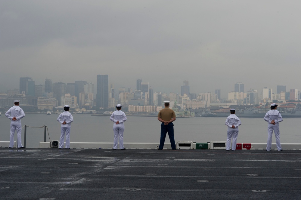 Manning the rails as USS America departs Rio De Janeiro