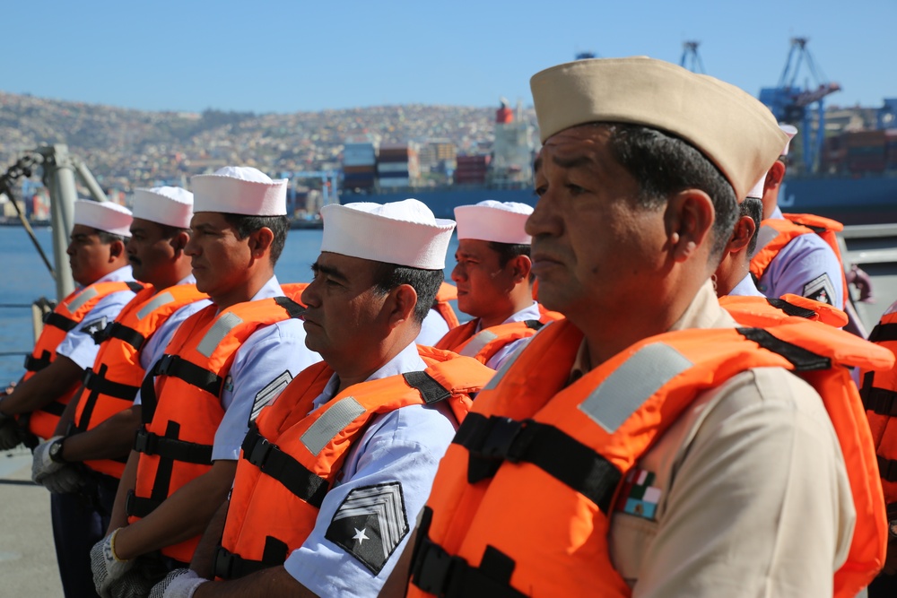 Mexican navy Sailors in formation aboard ARM Usumacinta during Partnership of the Americas 2014