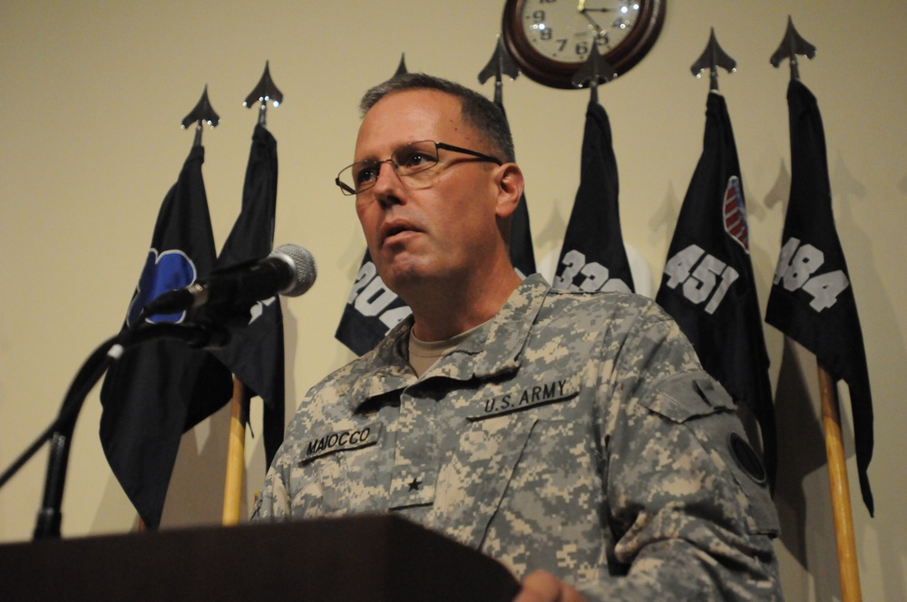85th Support Command new commander gives remarks during assumption of command ceremony