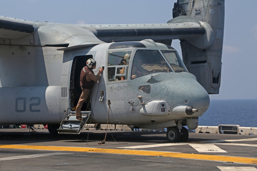 MV-22B Osprey maintenance checks aboard USS Boxer
