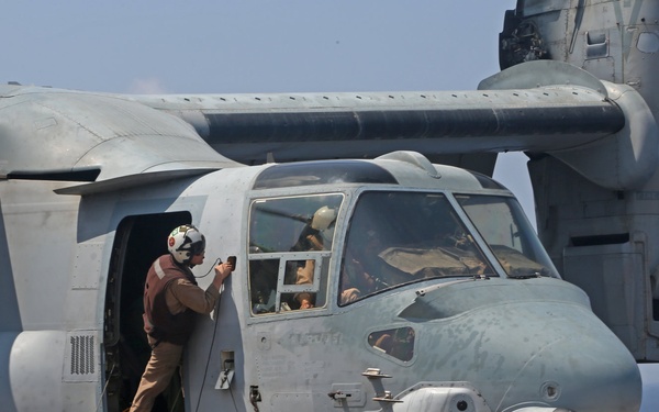MV-22B Osprey maintenance checks aboard USS Boxer