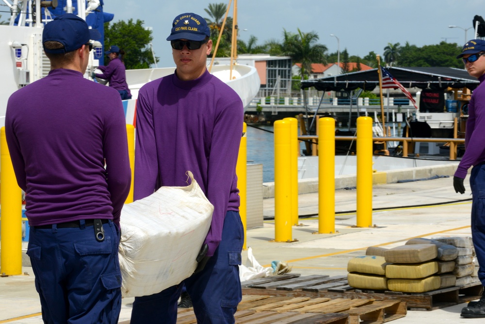 Coast Guard Cutter Paul Clark offloads an estimated 900 pounds of marijuana worth an estimated wholesale value of nearly $800,000