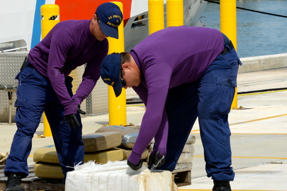 Coast Guard Cutter Paul Clark offloads an estimated 900 pounds of marijuana worth an estimated wholesale value of nearly $800,000