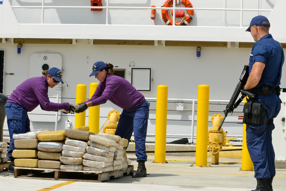 Coast Guard Cutter Paul Clark offloads an estimated 900 pounds of marijuana worth an estimated wholesale value of nearly $800,000