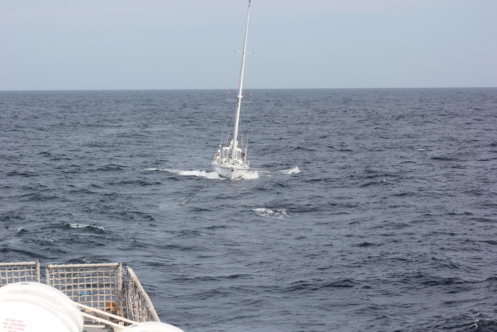 Coast Guard Cutter Escanaba tows sailing vessel off of Cape Ann, Massachusetts