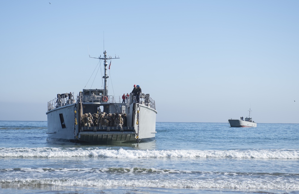 Chilean landing craft approaches Marines who await debarkation of those aboard August 17, 2014