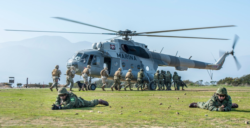 Service members participating in Partnership of the Americas 2014 practice on/off drills on a MI-17 HIP helicopter, flown by Mexican pilots.