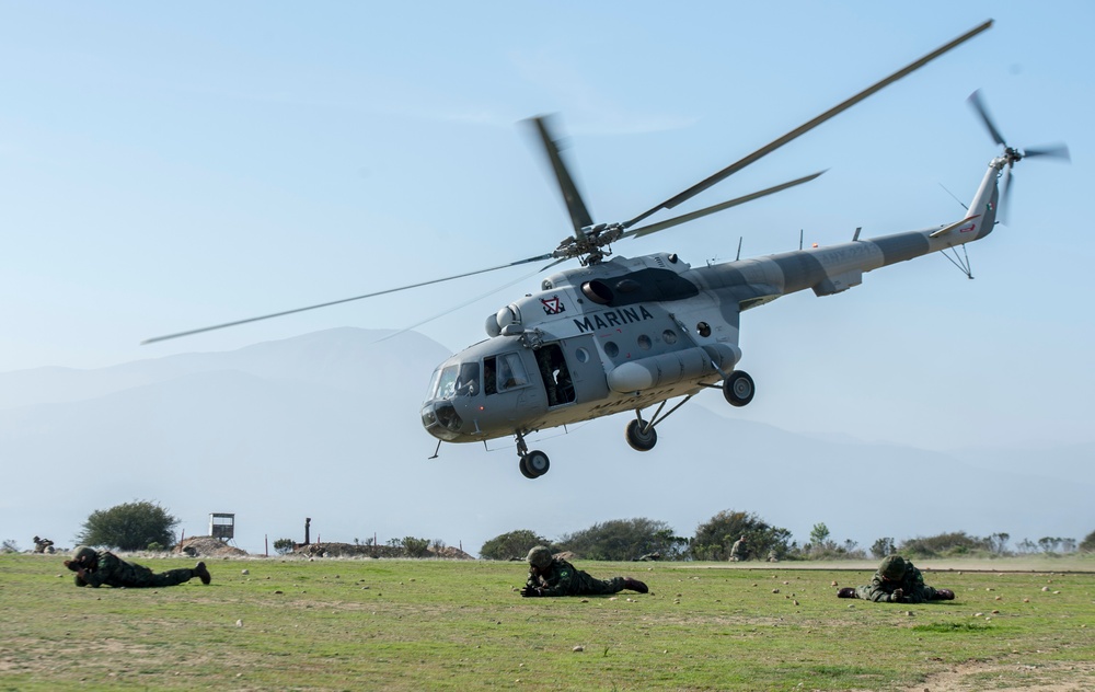 Service members participating in Partnership of the Americas 2014 practice on/off drills on a MI-17 HIP helicopter, flown by Mexican pilots.