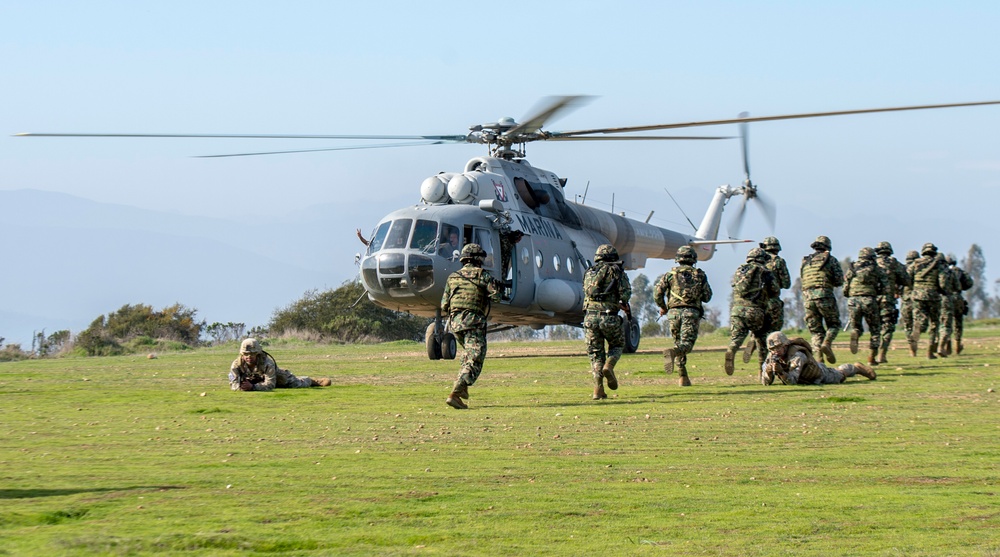 Service members participating in Partnership of the Americas 2014 practice on/off drills on a MI-17 HIP helicopter, flown by Mexican pilots.