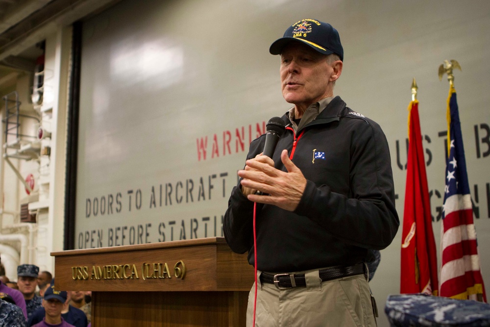 Secretary of The Navy visits Marines, Sailors aboard USS America