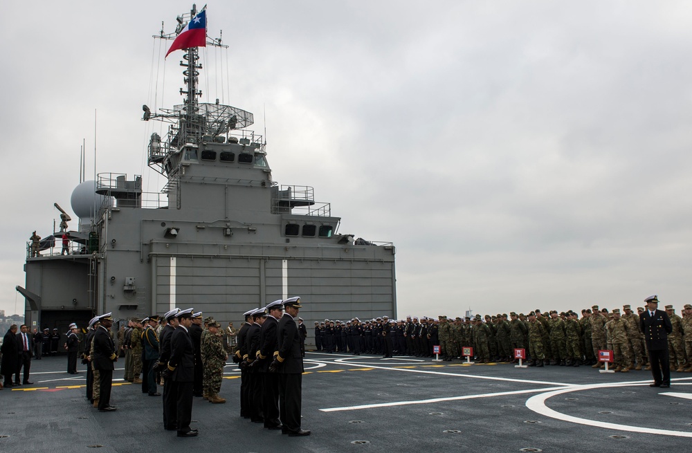 Service members participating in Partnership of the Americas 2014 attend Closing Ceremony aboard the Chilean ship LSDH Sargento Aldea August 22, 2014