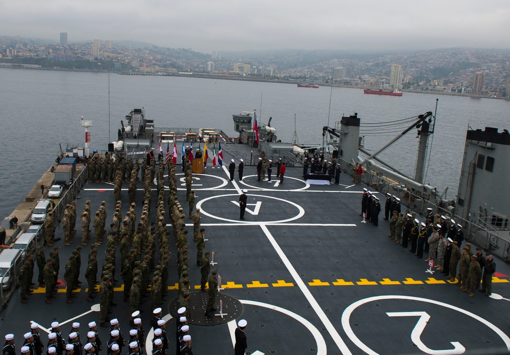 Service members participating in Partnership of the Americas 2014 attend Closing Ceremony aboard the Chilean ship LSDH Sargento Aldea August 22, 2014.