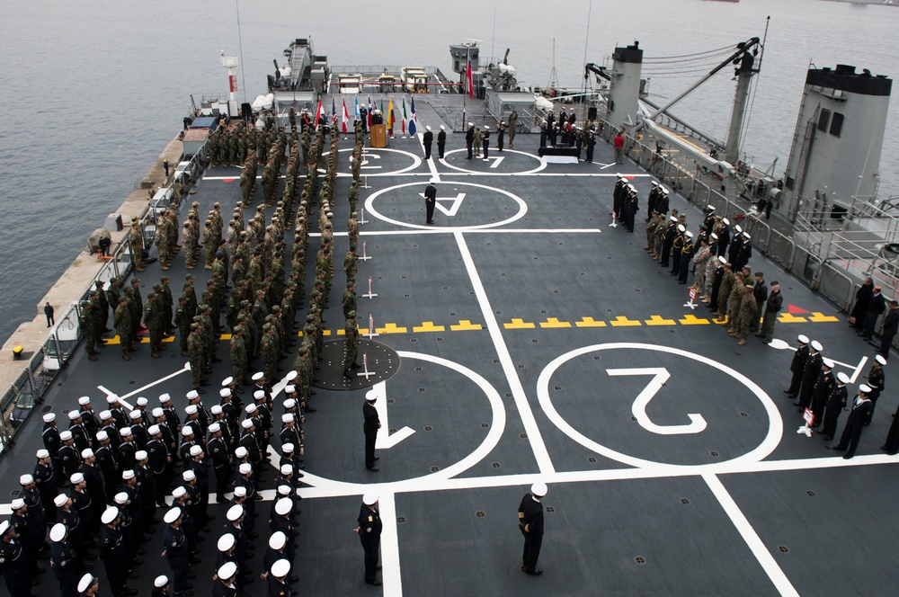 Service members participating in Partnership of the Americas 2014 attend Closing Ceremony aboard the Chilean ship LSDH Sargento Aldea Aug. 22, 2014
