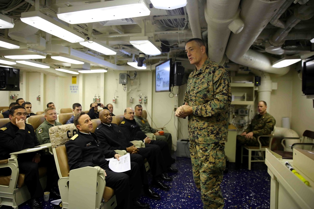 Military leaders conduct Partnership of the Americas after action debrief aboard USS America