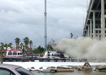 Coast Guard, Seabrook and Kemah fire crews respond to boat fire under Kemah bridge