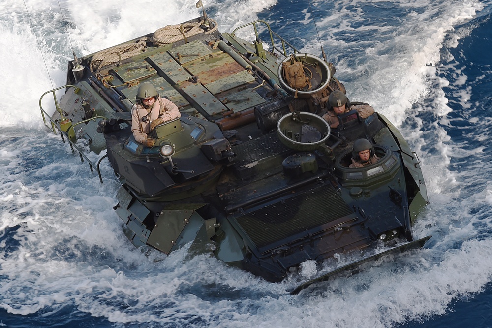 AAV approaches USS Peleliu well deck